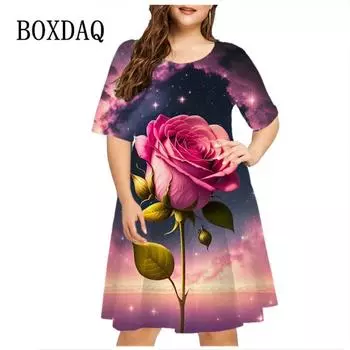 Платье с принтом «звездное небо и розы» в технике тай-дай для женщин, модное свободное платье с короткими рукавами больших размеров, летнее повседневное мини-платье для вечеринок S