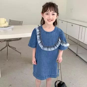 Платье с пышными рукавами и круглым вырезом для девочек, милое платье принцессы с тюлевыми украшениями и рюшами 13