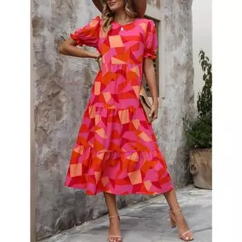 Платье с пышными рукавами и леопардовым принтом, многоуровневое платье с круглым вырезом в стиле бохо, женская одежда S абрикосовый