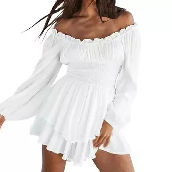 Платье с пышными рукавами и рюшами. Встроенные шорты. Французское короткое платье. Женское многослойное мини-платье с открытыми плечами и длинными рукавами.