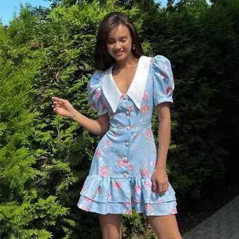 Платье с пышными рукавами с принтом, с оборками, женское, с V-образным вырезом, с высокой талией, с жемчужными пуговицами, мини-платье, женское, повседневное, модное платье для отпуска S синий
