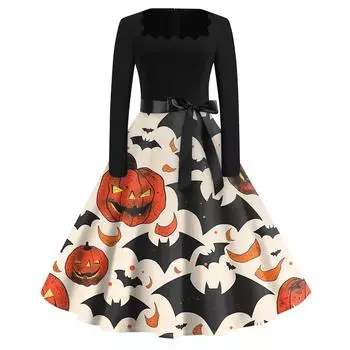 Платье с расклешенным принтом на Хэллоуин для женщин, платье с длинным рукавом, полые вечерние повседневные платья S чёрный