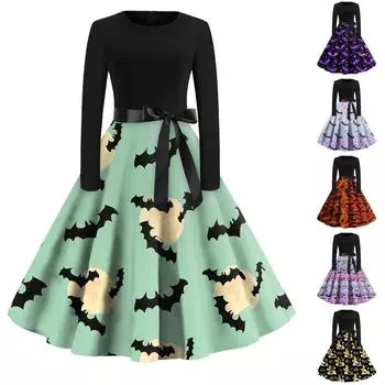 Платье с расклешенным принтом на Хэллоуин для женщин, платье с длинным рукавом, полые вечерние повседневные платья L