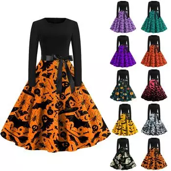 Платье с расклешенным принтом на Хэллоуин для женщин, платье с длинным рукавом, полые вечерние повседневные платья M