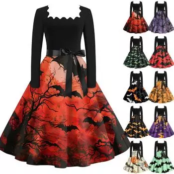 Платье с расклешенным принтом на Хэллоуин для женщин, платье с длинным рукавом, полые вечерние повседневные платья S хаки