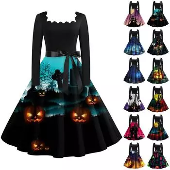 Платье с расклешенным принтом на Хэллоуин для женщин, платье с длинным рукавом, полые вечерние повседневные платья L синий