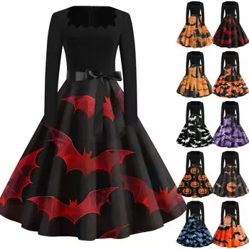 Платье с расклешенным принтом на Хэллоуин для женщин, платье с длинным рукавом, полые вечерние повседневные платья L синий
