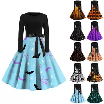 Платье с расклешенным принтом на Хэллоуин для женщин, платье с длинным рукавом, полые вечерние повседневные платья S оранжевый