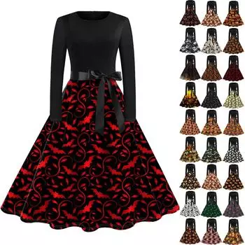 Платье с расклешенным принтом на Хэллоуин для женщин, платье с длинным рукавом, полые вечерние повседневные платья XXXXL кофейный