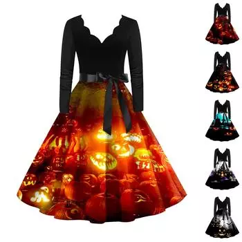 Платье с расклешенным принтом на Хэллоуин для женщин, платье с длинным рукавом, полые вечерние повседневные платья M