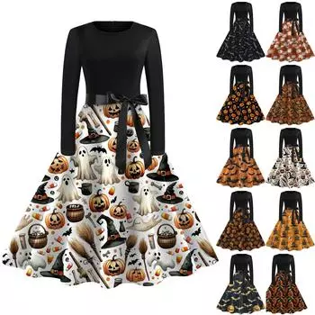 Платье с расклешенным принтом на Хэллоуин для женщин, платье с длинным рукавом, полые вечерние повседневные платья L чёрный