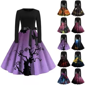 Платье с расклешенным принтом на Хэллоуин для женщин, платье с длинным рукавом, полые вечерние повседневные платья XXL розовый