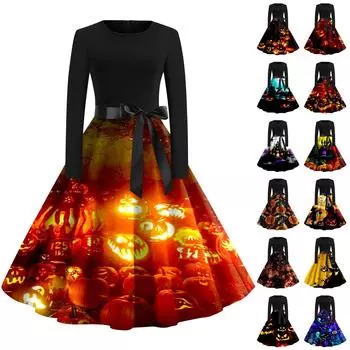 Платье с расклешенным принтом на Хэллоуин для женщин, платье с длинным рукавом, полые вечерние повседневные платья M синий