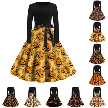 Платье с расклешенным принтом на Хэллоуин для женщин, платье с длинным рукавом, полые вечерние повседневные платья M