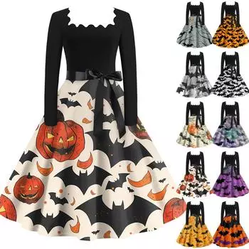 Платье с расклешенным принтом на Хэллоуин для женщин, платье с длинным рукавом, полые вечерние повседневные платья S