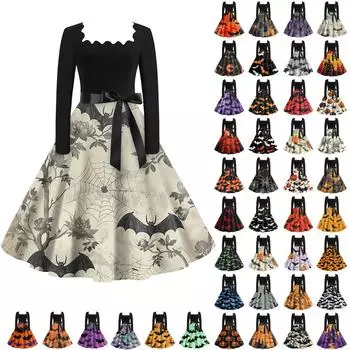 Платье с расклешенным принтом на Хэллоуин для женщин, платье с длинным рукавом, полые вечерние повседневные платья L чёрный