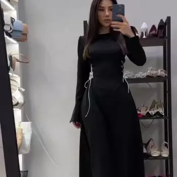 Платье с расклешенными рукавами и завязками, длинными рукавами и талией, круглым вырезом S чёрный