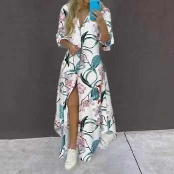 Платье с разрезом, дышащее универсальное не выцветающее стильное летнее женское платье-рубашка с принтом для девочек 2XL светло-синий