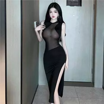 Платье с разрезом из сетки Pure Desire - сексуальное ночное платье с круглым вырезом средней длины One Size