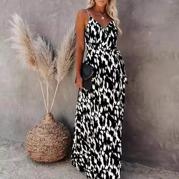 Платье с разрезом на подтяжках и сексуальной юбкой средней длины с принтом S белый