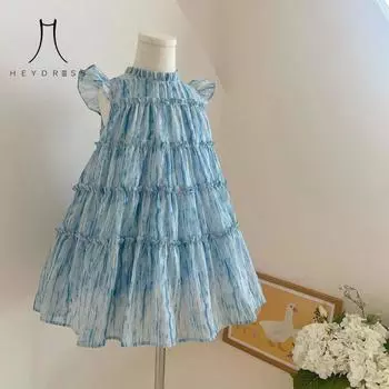 Платье с развевающимися рукавами для девочек, летнее платье для торта, детское платье трапециевидной формы для маленьких девочек, детская одежда, платье принцессы 90 синий