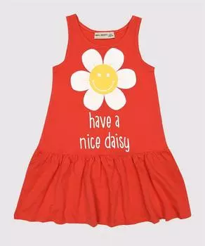 Платье с рисунком ромашки и красными бретелями для девочек