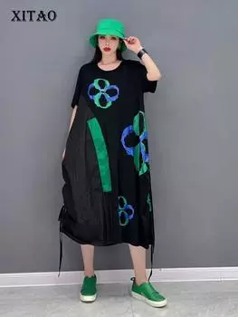 Платье с рисунком XITAO, модное лоскутное маленькое свежее повседневное пуловер с веером богини, повседневное стильное свободное летнее платье WLD6862