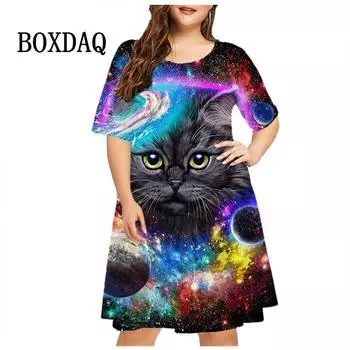 Платье с рисунком звездного неба и кота для женщин, повседневное свободное платье с 3D принтом и короткими рукавами, модное платье в стиле хип-хоп Kawaii S
