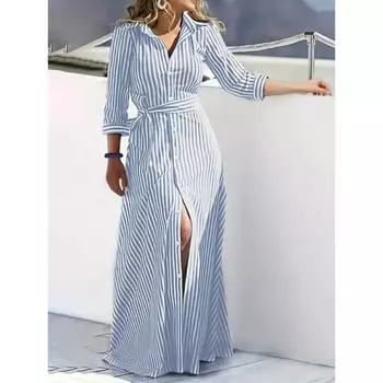Платье с рукавами 3/4 в полоску с принтом, повседневное платье макси на пуговицах спереди, женская одежда S синий