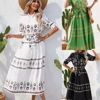 Платье с рукавами до половины длины и принтом, мягкая летняя женская одежда в национальном стиле S белый