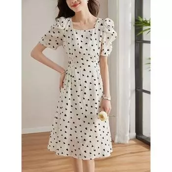 Платье с рукавами-фонариками, летняя новинка, узкая юбка в горошек с французским квадратным воротником и высокой талией S