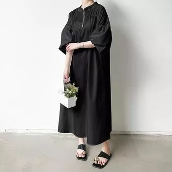 Платье с рукавами-фонариками, Япония и Корея, свободное нагрудное платье с застежкой-молнией, длинное, с короткими рукавами, в стиле А M чёрный