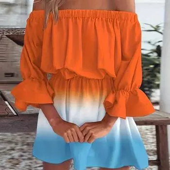 Платье с рукавами в виде листьев лотоса, весна-лето 2025 года, однотонное плечо, постепенная смена цвета, юбка с открытыми плечами и талией S оранжевый