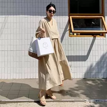 Платье с рукавом девять четвертей для женщин в корейском стиле, свободное, утягивающее, средней длины, с V-образным вырезом, юбка А-силуэта, повседневная юбка длиной до колена S бежевый