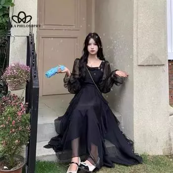 Платье с рюшами для французской девушки с завязкой на талии, женское летнее новое маленькое нежное платье феи, длинное платье феи S чёрный