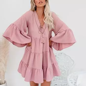 Платье с рюшами, платье с расклешенными рукавами и оборками по подолу, красивое платье с V-образным вырезом и кисточками, подол с оборками для праздника XL