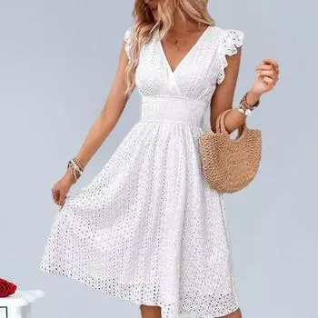 Платье с рюшами по краям, без рукавов, эластичная, с узкой талией, однотонный, с вырезом, трапеция, большие качели, V S белый