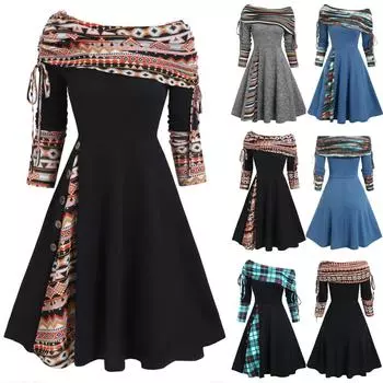 Платье с трансформируемым вырезом в полоску и расклешенным силуэтом с длинными рукавами для женщин XXL серый