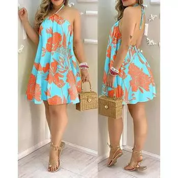 Платье с тропическим принтом и бретелью через шею, платье с открытой спиной в отпускном стиле для весны и лета, женская одежда S небесно-голубой