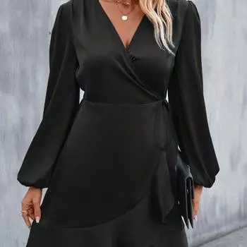 Платье с V-образным вырезом, атласная талия, низкий вырез, повседневная юбка средней длины XS чёрный