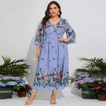 Платье с V-образным вырезом, длинным рукавом, высокой талией для женщин, модное кружевное платье с принтом, платье больших размеров, свободное повседневное универсальное платье, пригородные платья XL