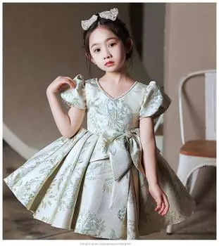 Платье с v-образным вырезом для девочек, платья трапециевидной формы с цветочным узором для девочек, детские вечерние платья принцессы с короткими рукавами на день рождения 90 шампанского