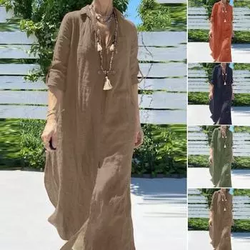 Платье с V-образным вырезом и лацканами, винтажное платье с длинными рукавами и разрезом подол, большие размеры, свободное повседневное, мягкое XL зелёный