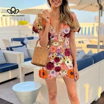 Платье с v-образным вырезом и трехмерным цветочным запахом, с рукавами-фонариками, сексуальное платье с вышивкой, женское платье S абрикосовый