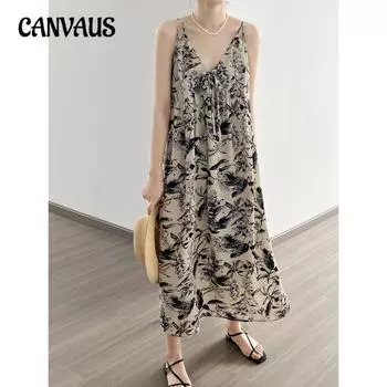 Платье с v-образным вырезом и бретелькой с чернильным принтом. Летние длинные платья с цветочным принтом в ленивом стиле. M