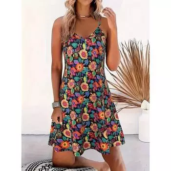 Платье с V-образным вырезом и цветочным принтом, платье-комбинация на тонких бретельках с открытой спиной для весны и лета, женская одежда M