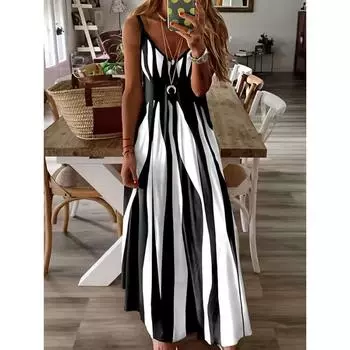 Платье с V-образным вырезом и принтом Geo, повседневное платье без рукавов на тонких бретельках, женская одежда S чёрный