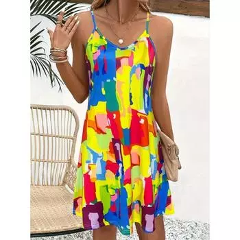 Платье с V-образным вырезом и бретельками по всей поверхности, повседневное платье-трапеция без рукавов на весну и лето, женская одежда S