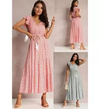 Платье с V-образным вырезом и оборками, короткими рукавами и завязками на талии с цветочным принтом S красный