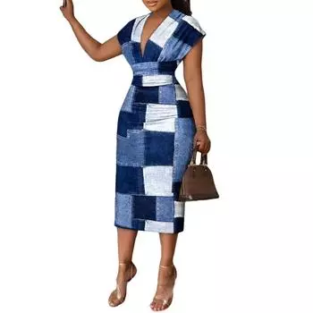 Платье с V-образным вырезом и принтом в стиле пэчворк, элегантное платье с короткими рукавами на весну и лето, женская одежда S чёрный